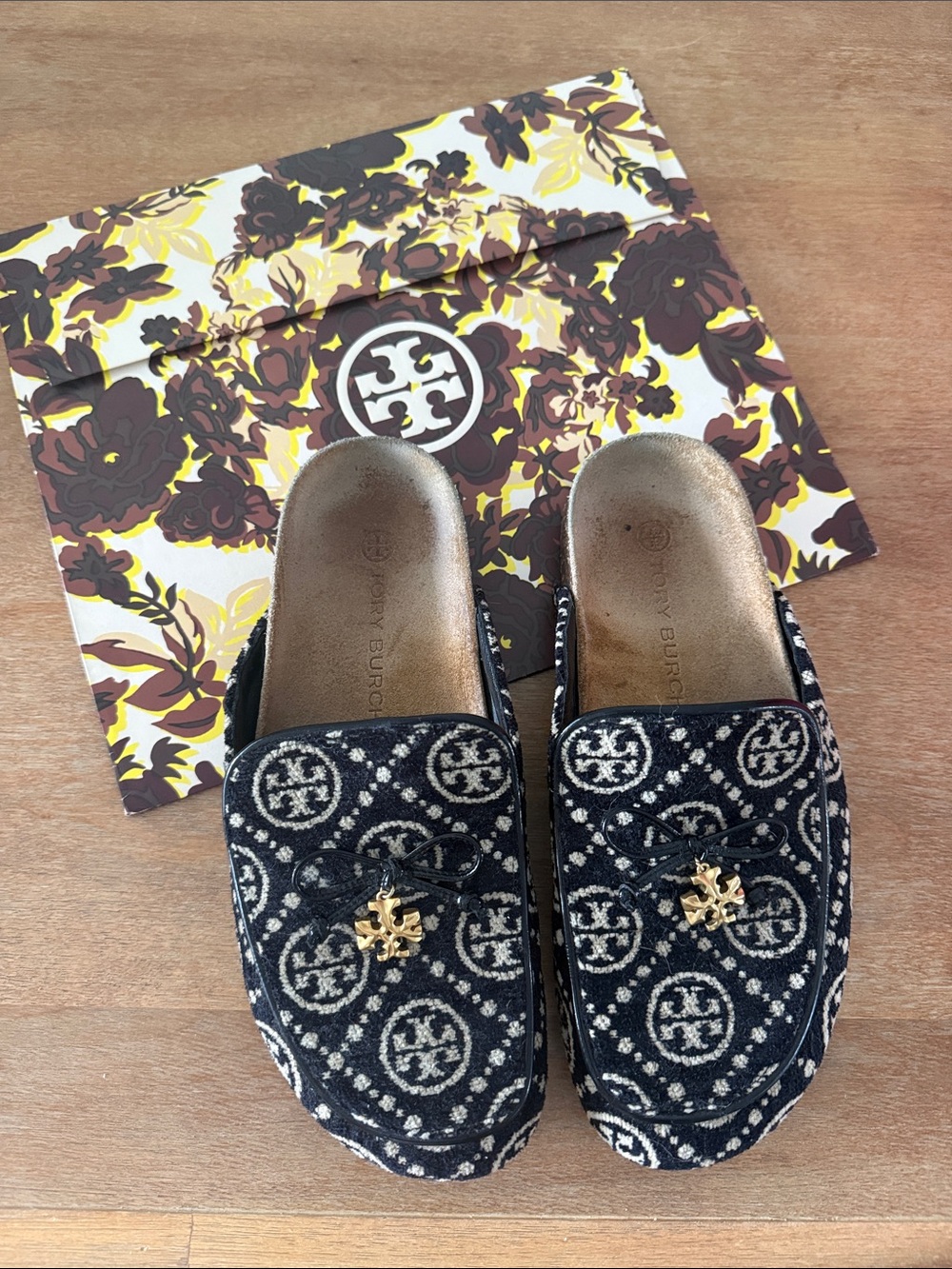Tory Burch T Monogram Jacquard Tory Charm Mules Black Cream
